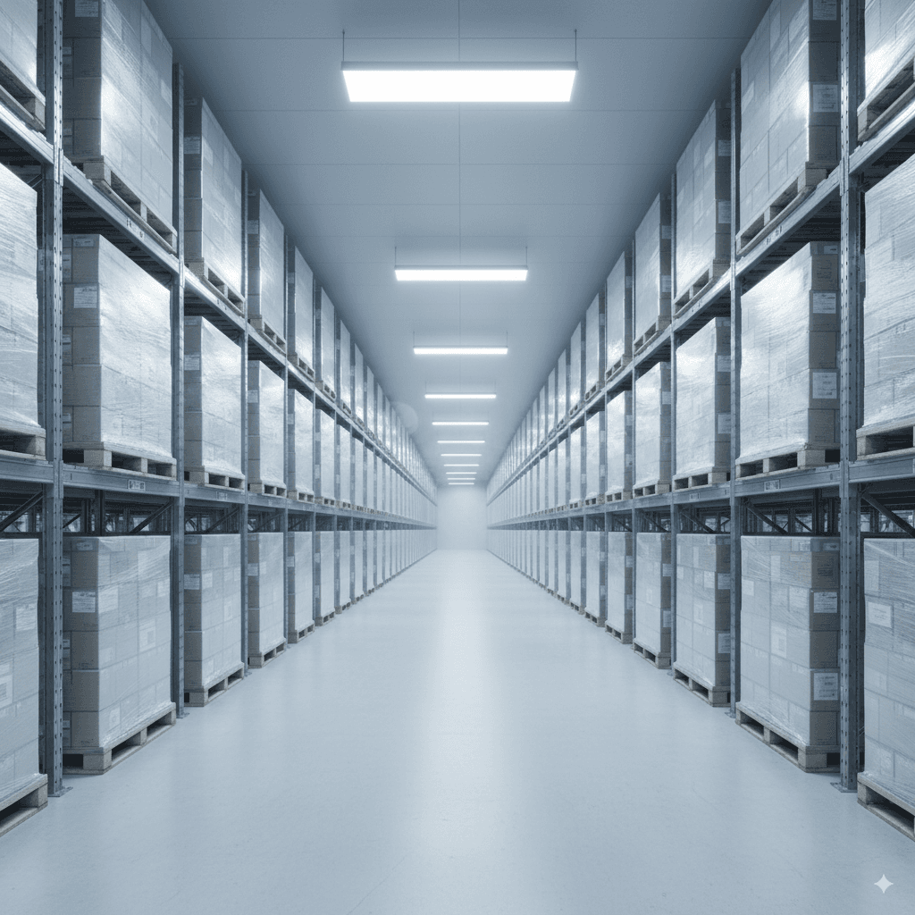 A long aisle in a warehouse with neatly stacked boxes on metal shelving units, extending into the distance under fluorescent lighting